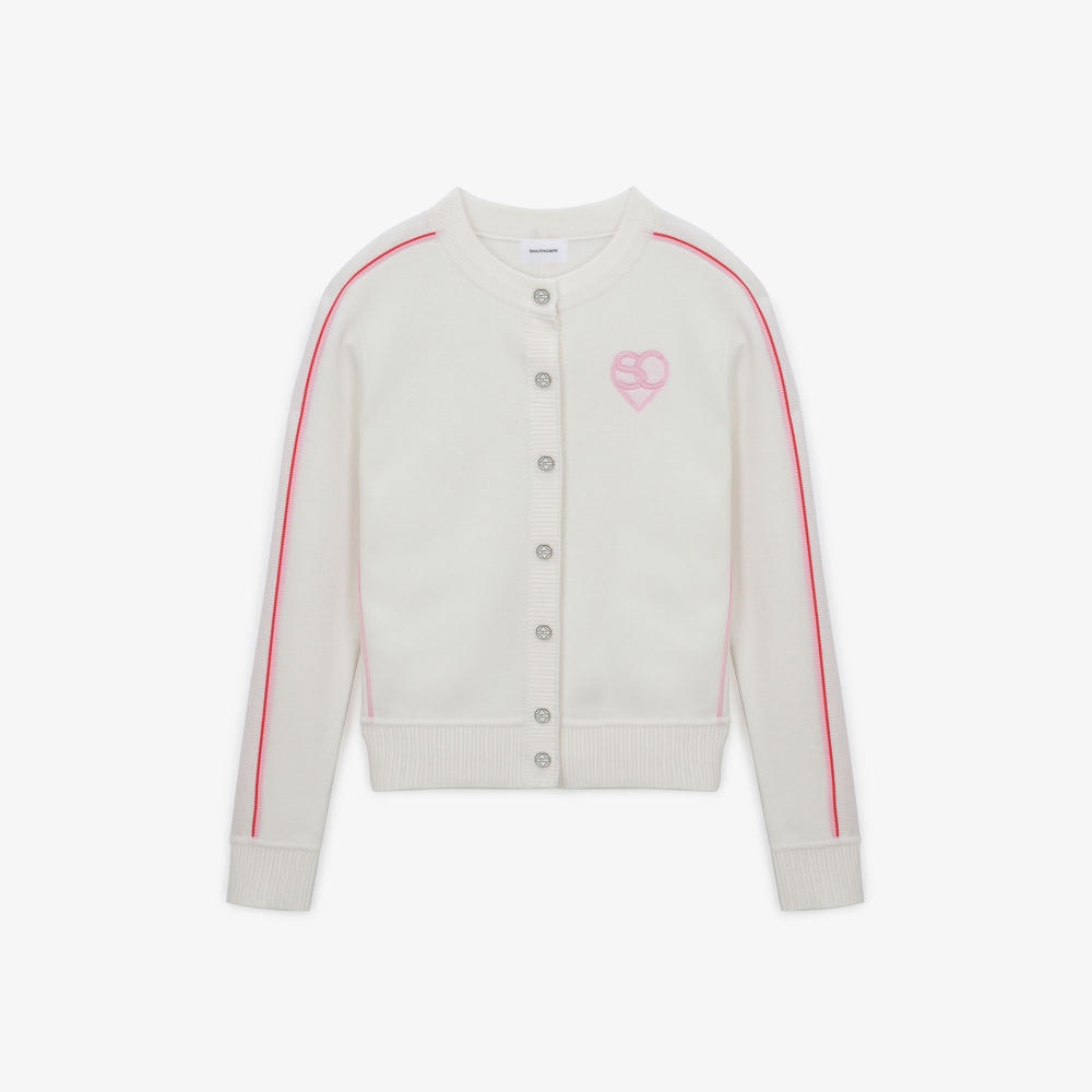 여성 하트 로고 배색 라인 가디건_화이트