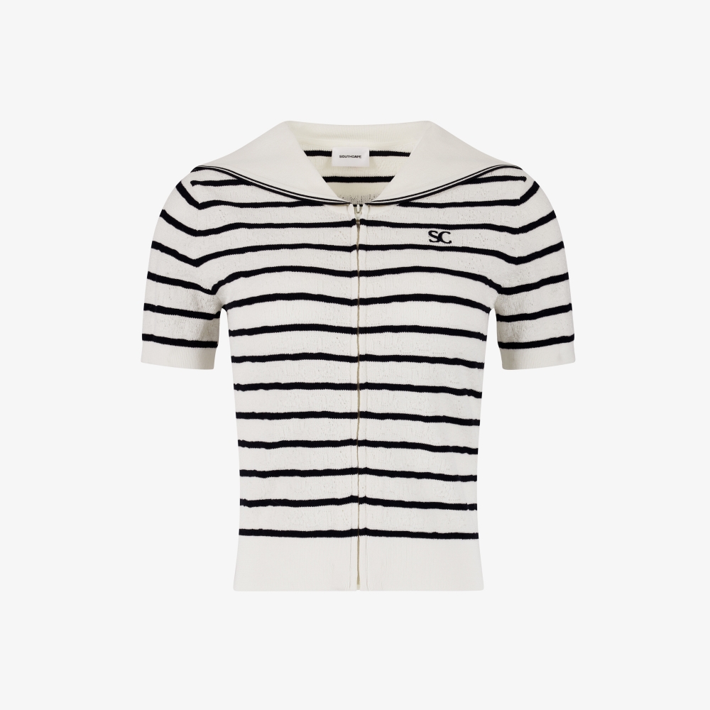 Stripe Sailor Collar Zip-Up Cardigan_CR