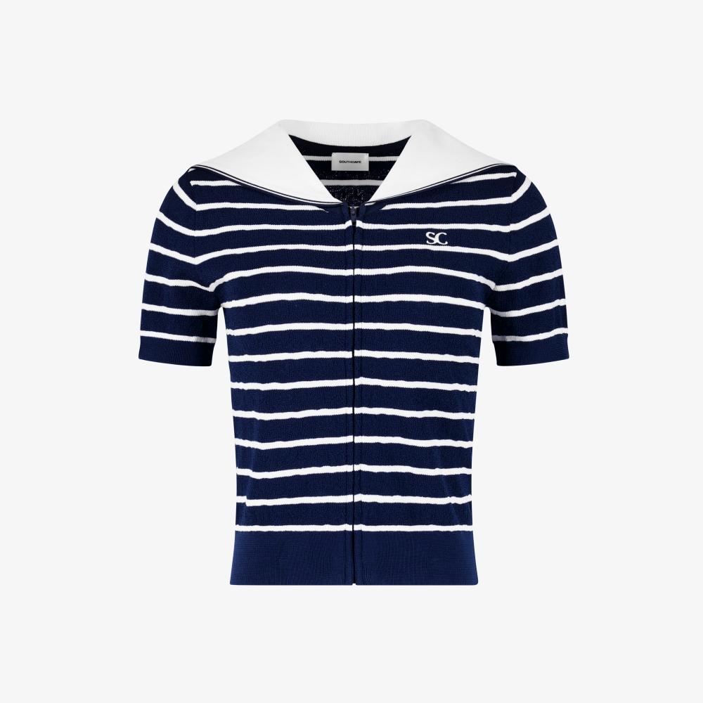 Stripe Sailor Collar Zip-Up Cardigan_NA
