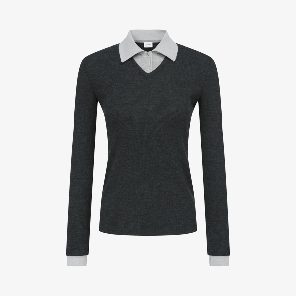 V-Neck Layered Collar Wool T-Shirt_CG