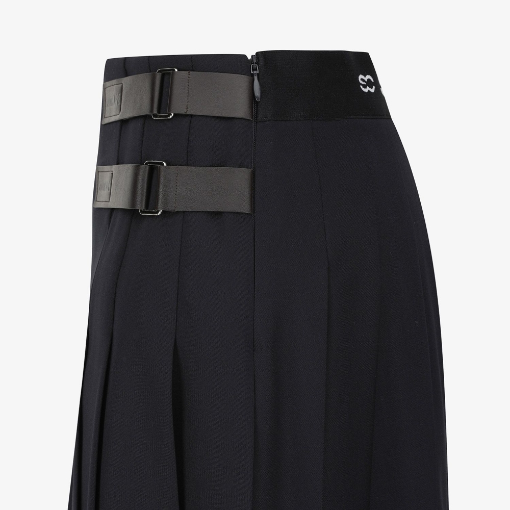 Double Belt Wool Pleated Midi Skirt_NA