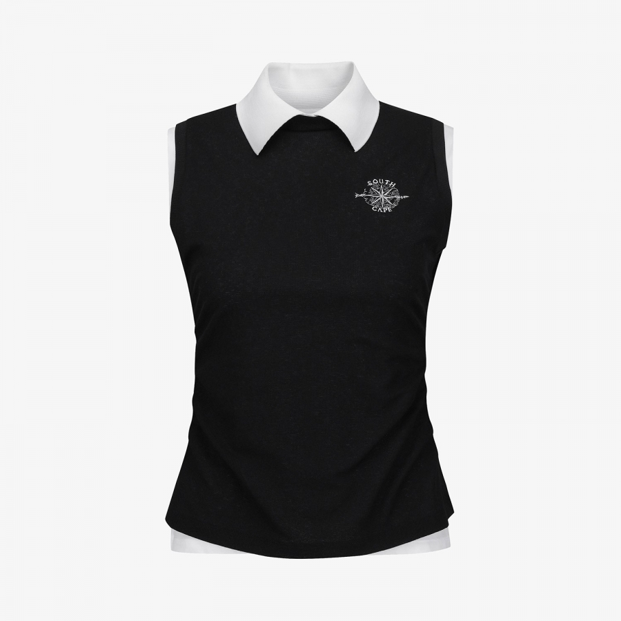 Knit-Like Sleeveless Collar T-Shirt_BK