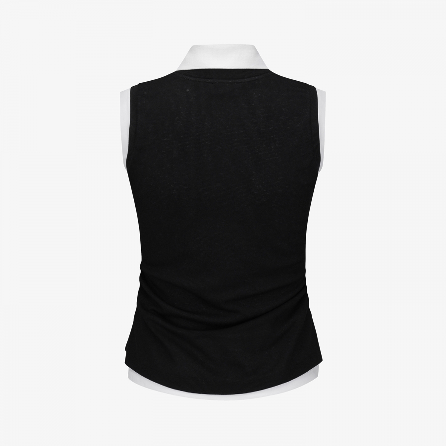 Knit-Like Sleeveless Collar T-Shirt_BK