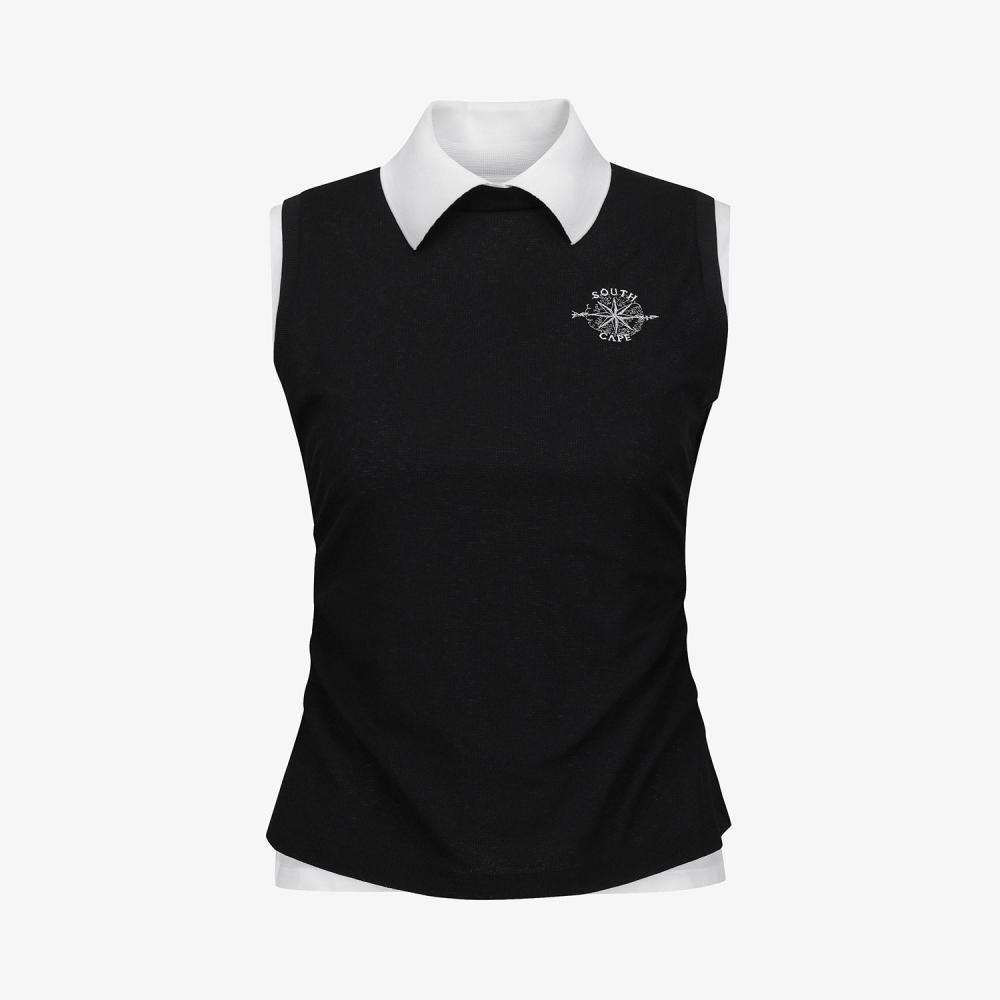 Knit-Like Sleeveless Collar T-Shirt_BK