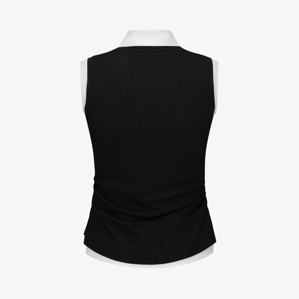 Knit-Like Sleeveless Collar T-Shirt_BK