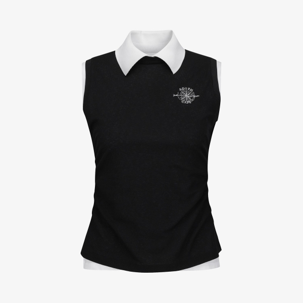 Knit-Like Sleeveless Collar T-Shirt_BK