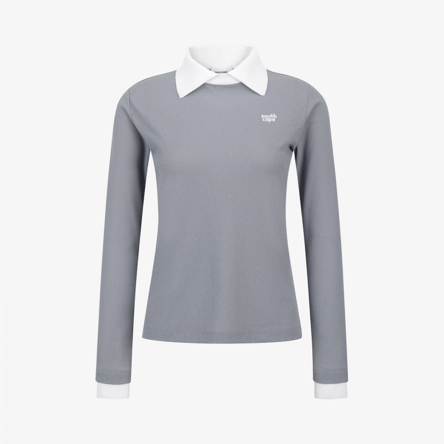 Knit-Like Collared Long-Sleeve Performance T-Shirt_GY