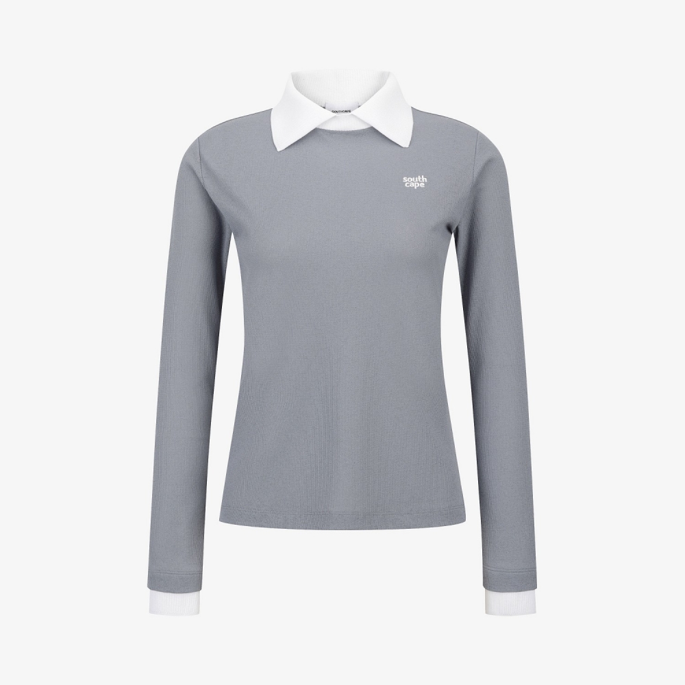 Knit-Like Collared Long-Sleeve Performance T-Shirt_GY
