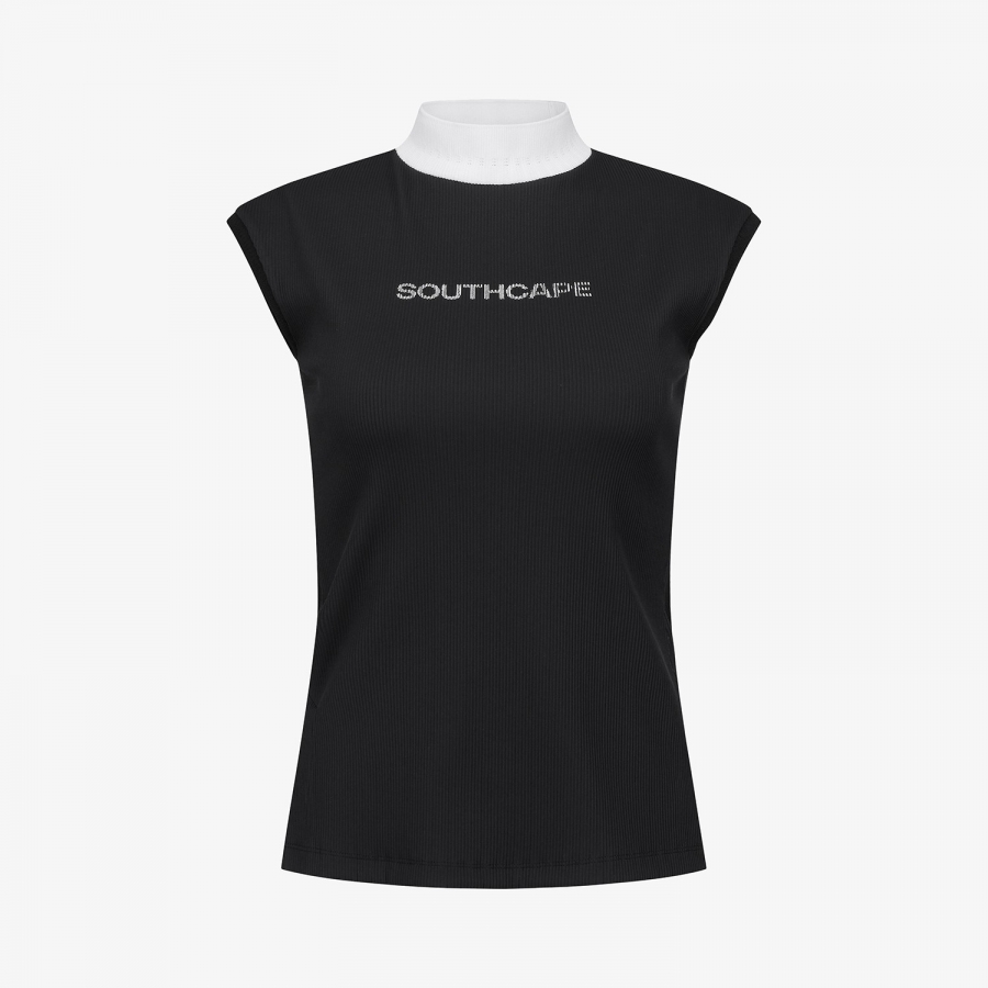 Ribbed Half-Neck Sleeveless T-Shirt_BK