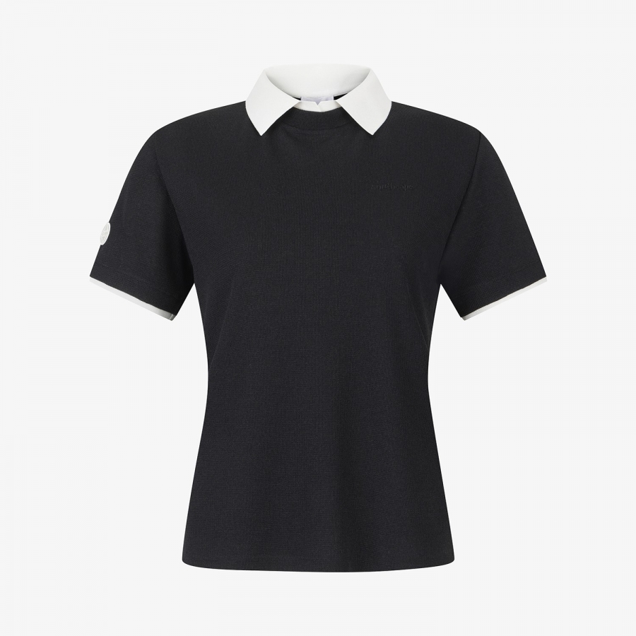 Waffle Texture Contrast Collar T-Shirt_BK