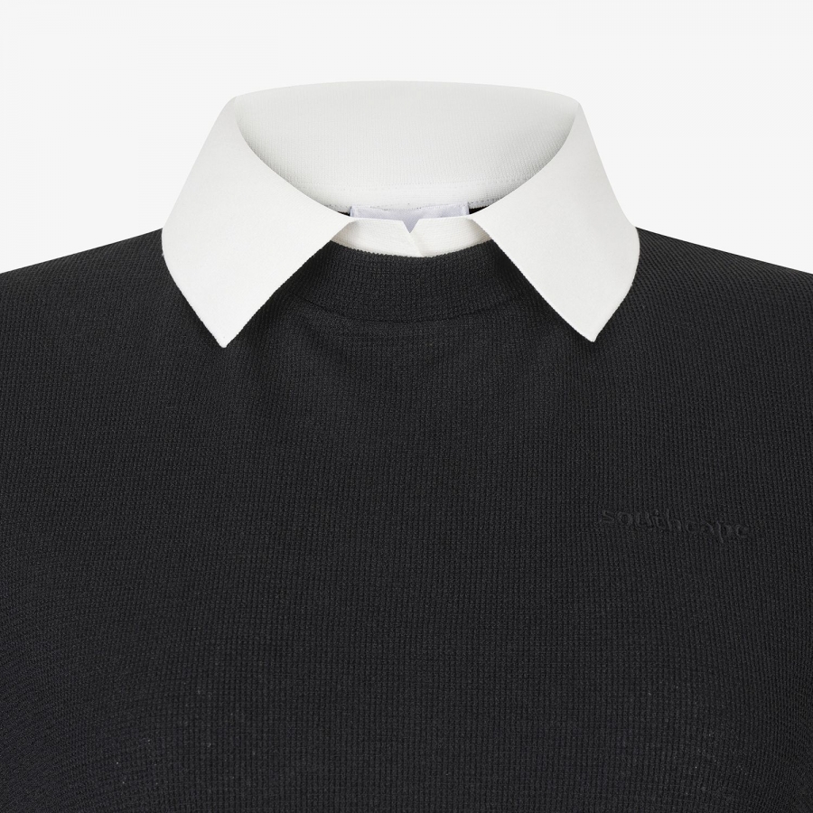 Waffle Texture Contrast Collar T-Shirt_BK
