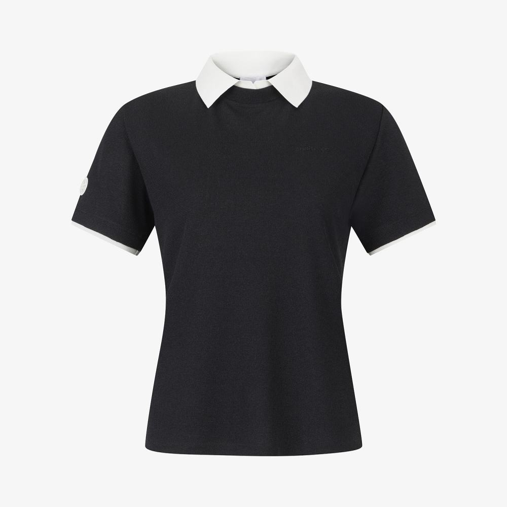 Waffle Texture Contrast Collar T-Shirt_BK