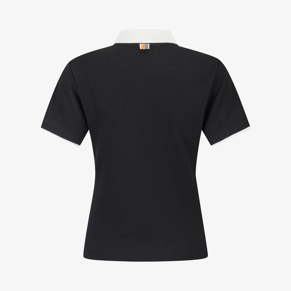 Waffle Texture Contrast Collar T-Shirt_BK