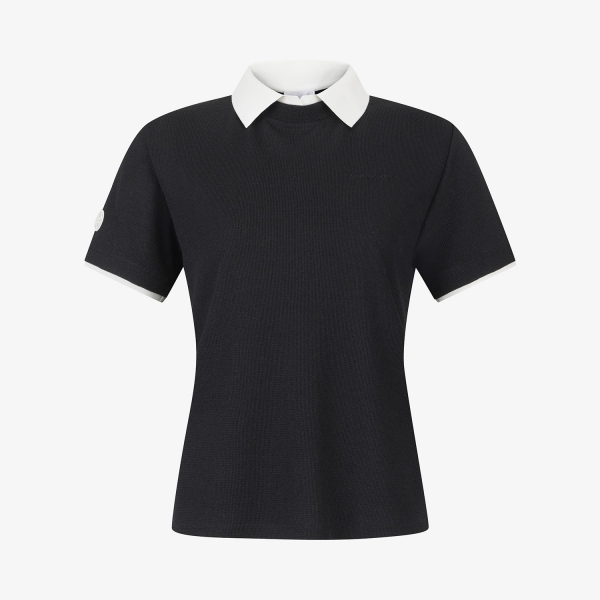 Waffle Texture Contrast Collar T-Shirt_BK