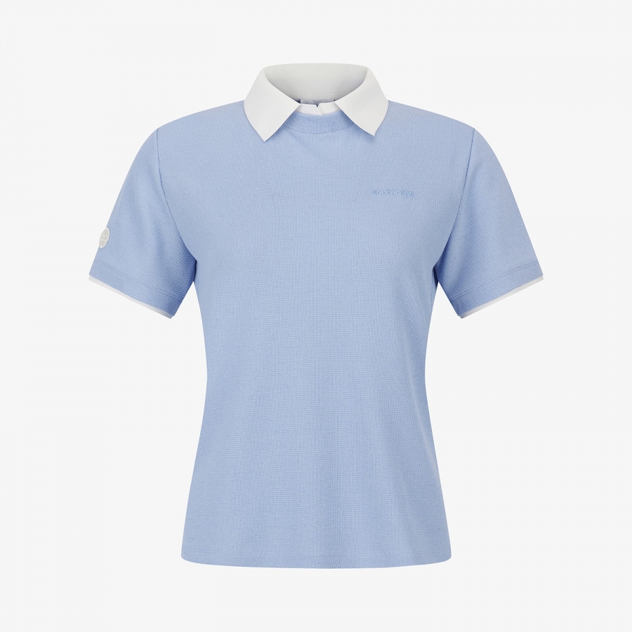 Waffle Texture Contrast Collar T-Shirt_BL