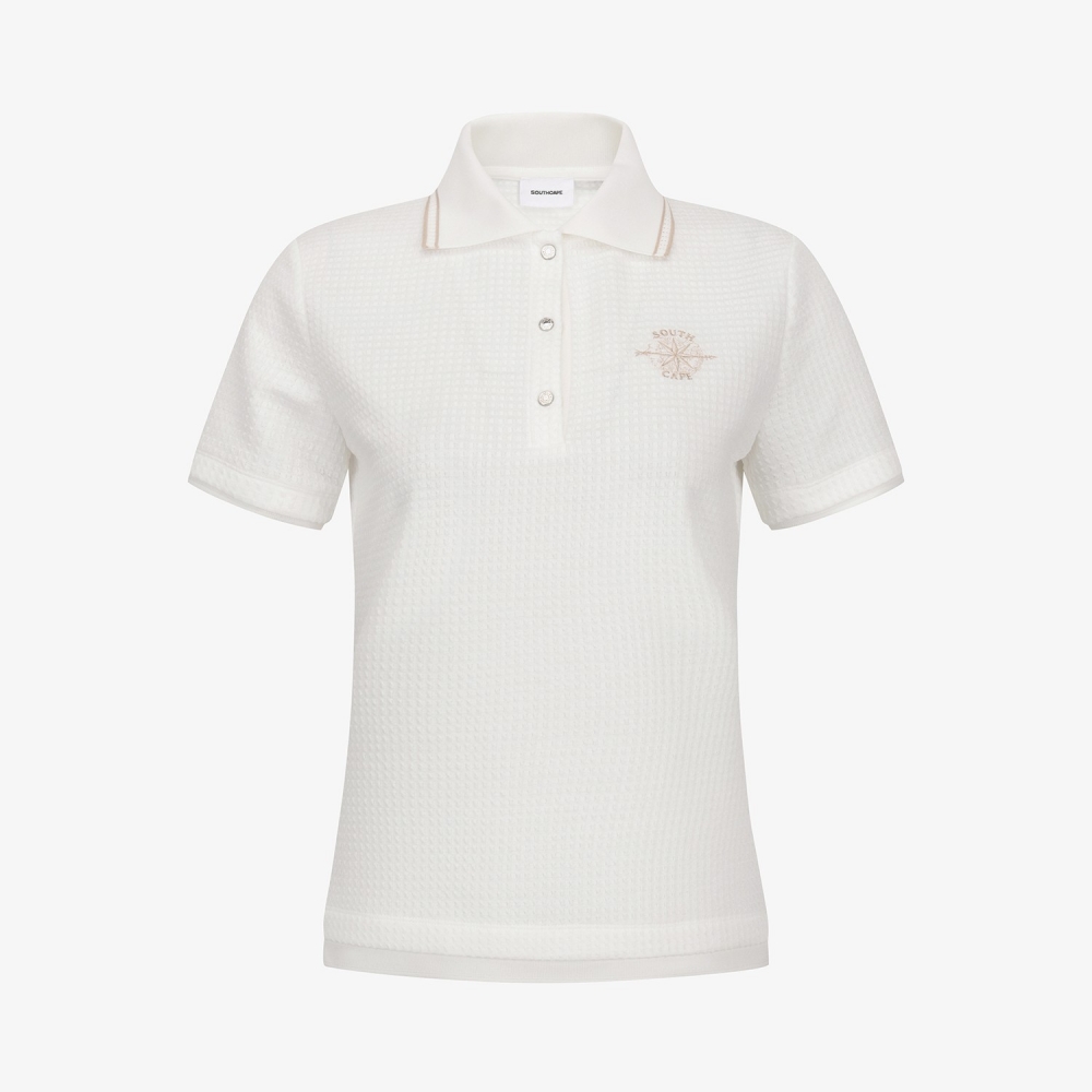 Embossed Waffle Texture Contrast-Collar T-Shirt_WT