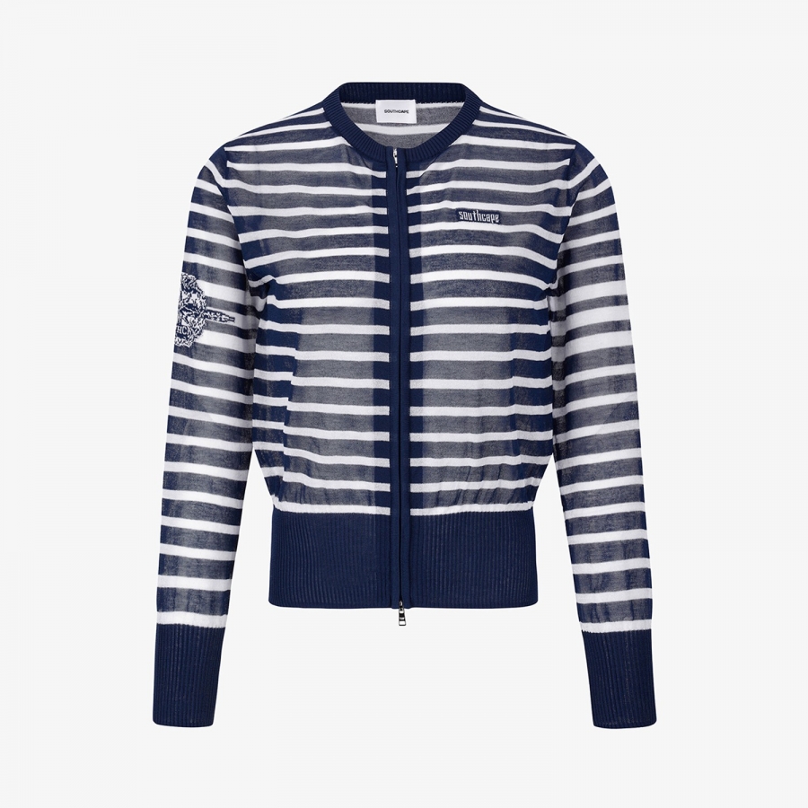 Stripe Pattern Sheer Zip-Up Cardigan_NA
