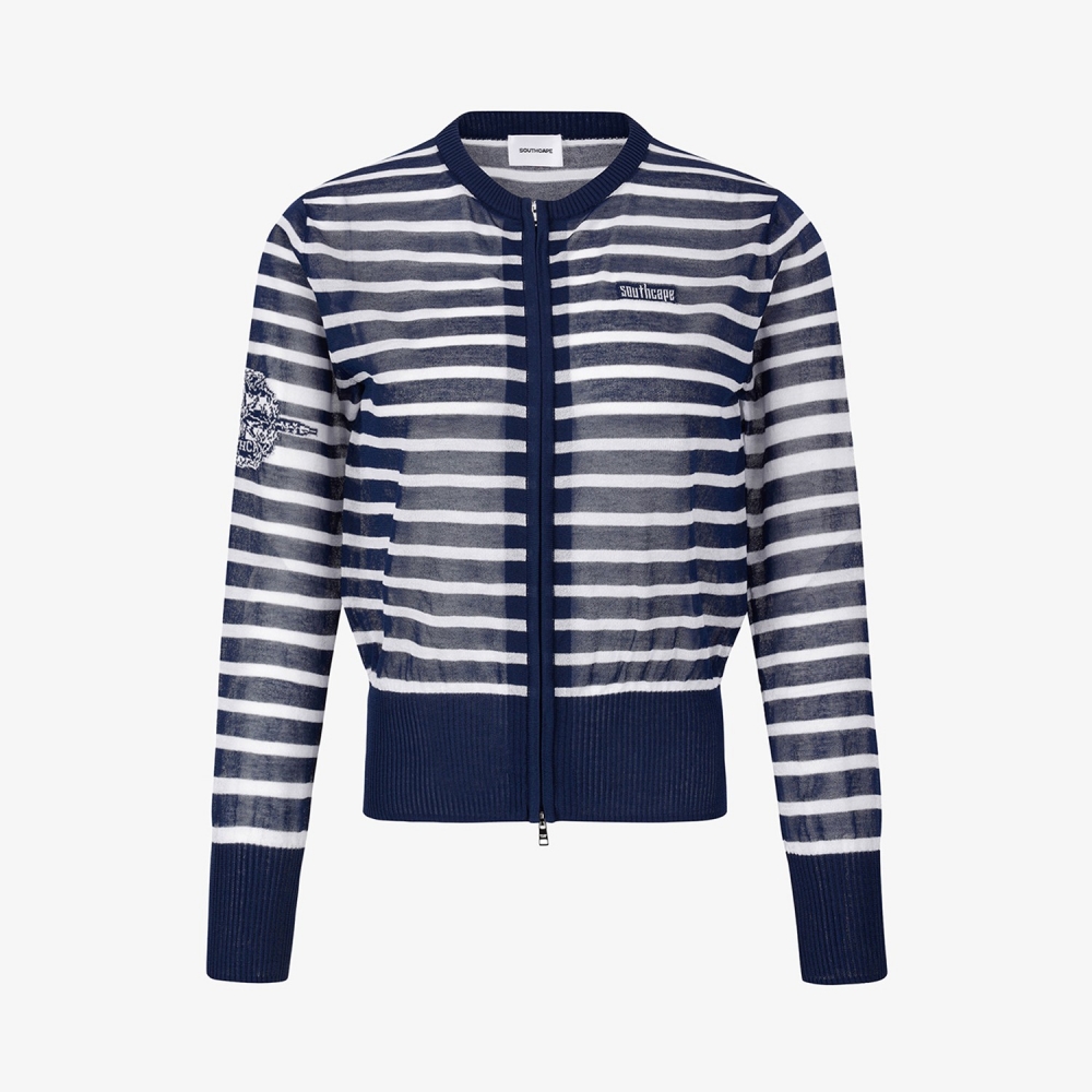 Stripe Pattern Sheer Zip-Up Cardigan_NA