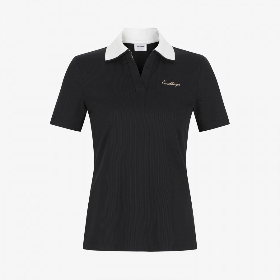 Ribbed Contrast Collar Short Sleeve T-Shirt_BK