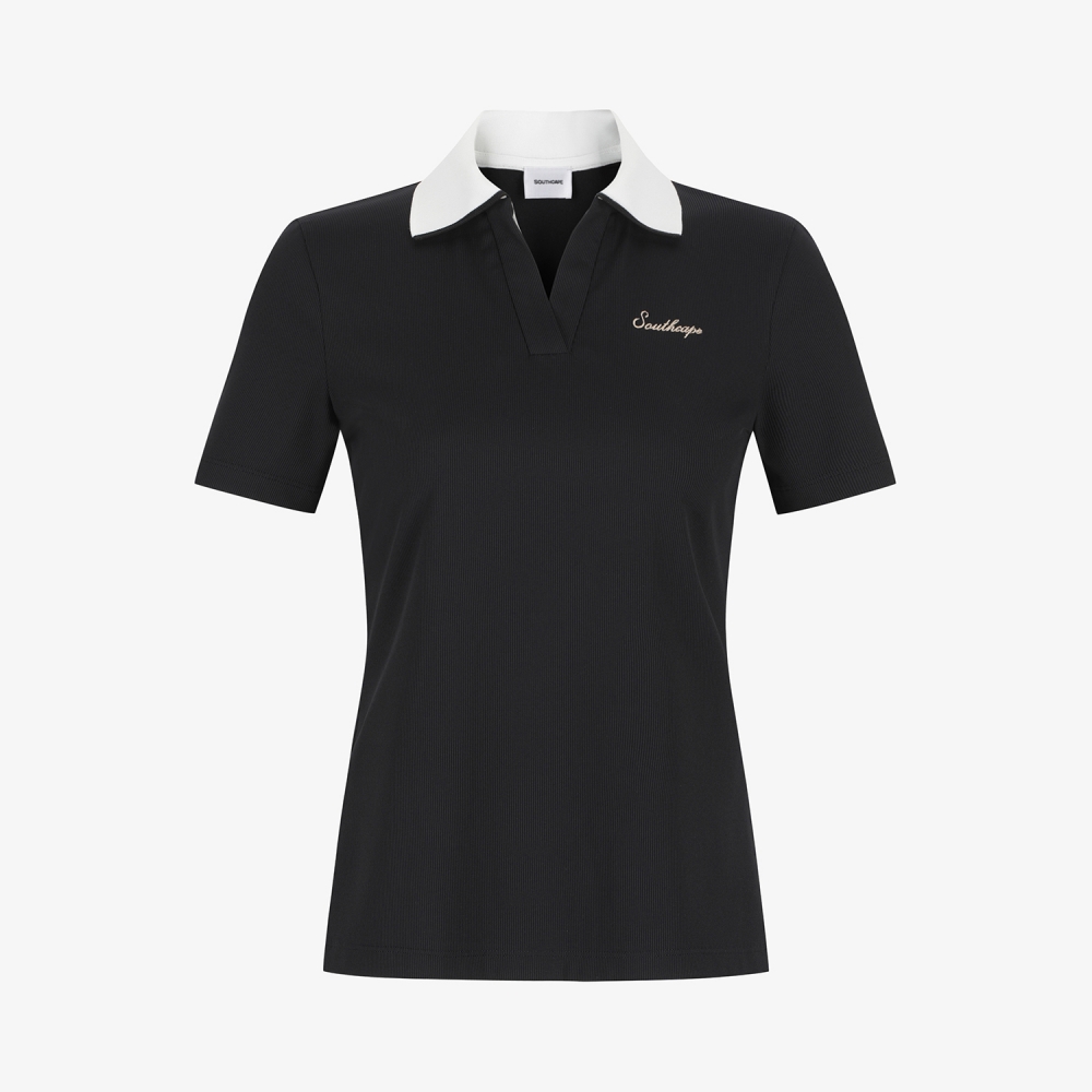 Ribbed Contrast Collar Short Sleeve T-Shirt_BK