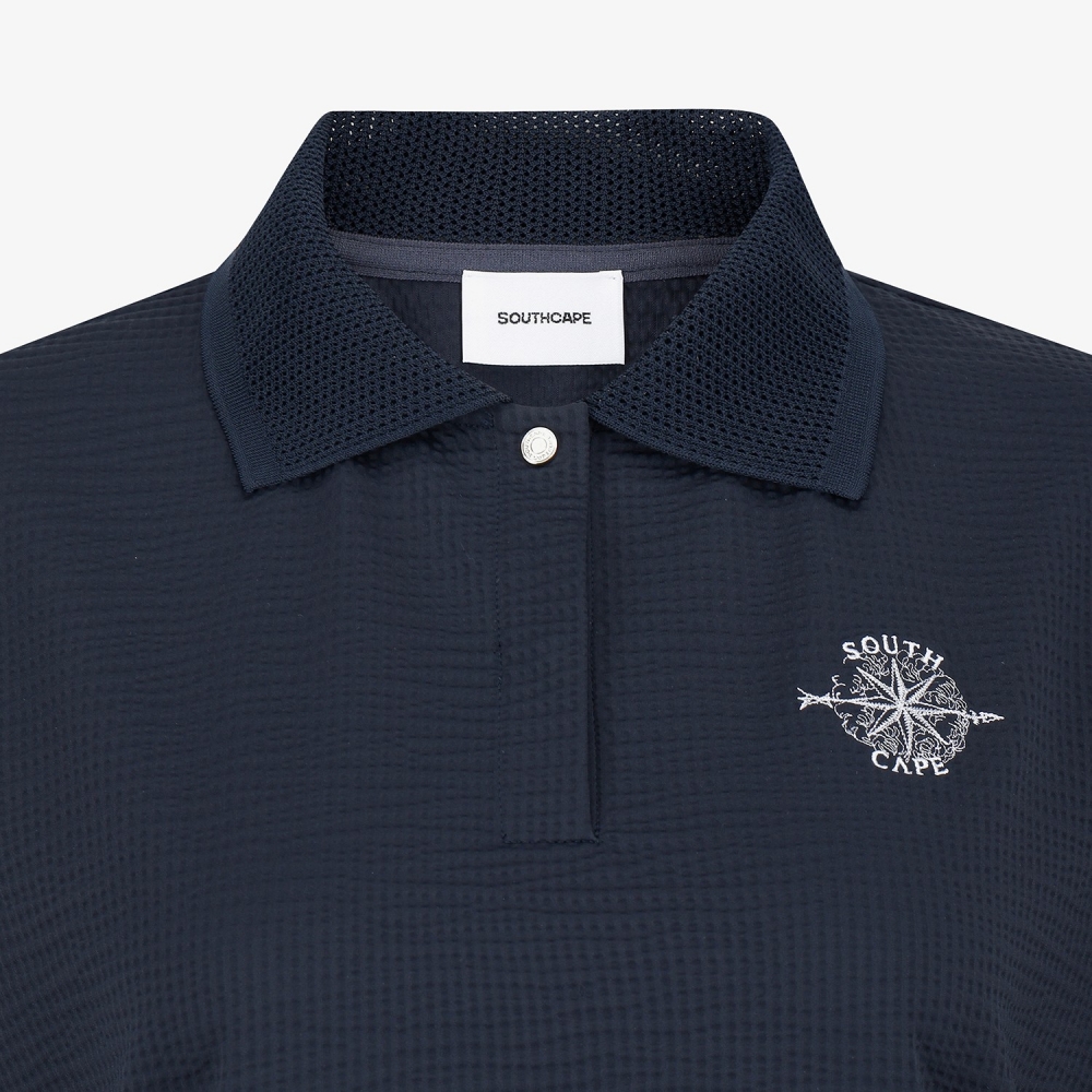 Waffle Texture String Collar T-Shirt_NA